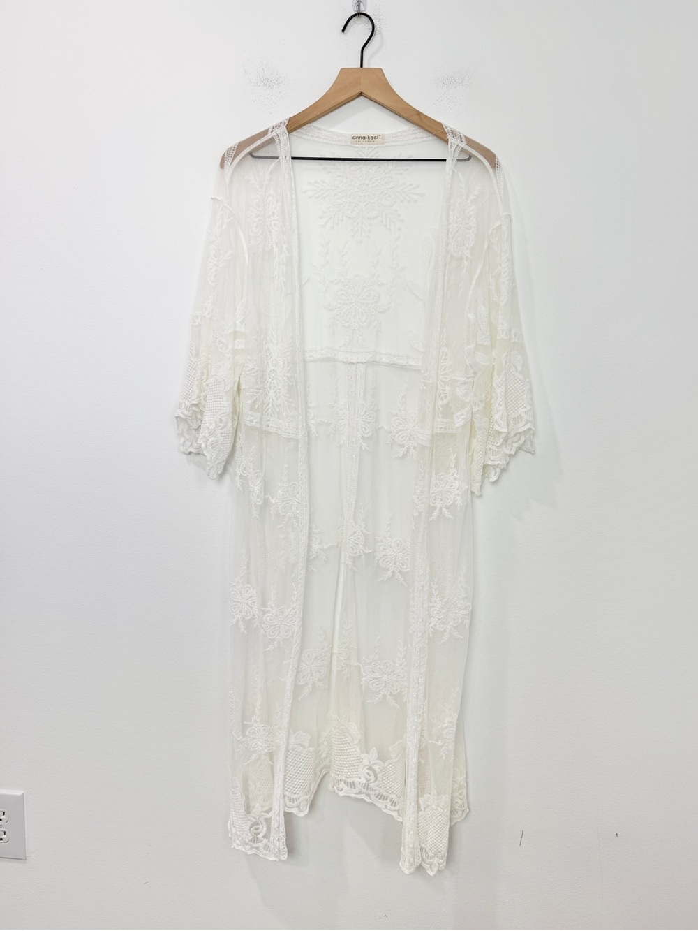 Anna-Kaci Ivory Lace Kimono Cardigan Boho Sheer Embroidered Duster